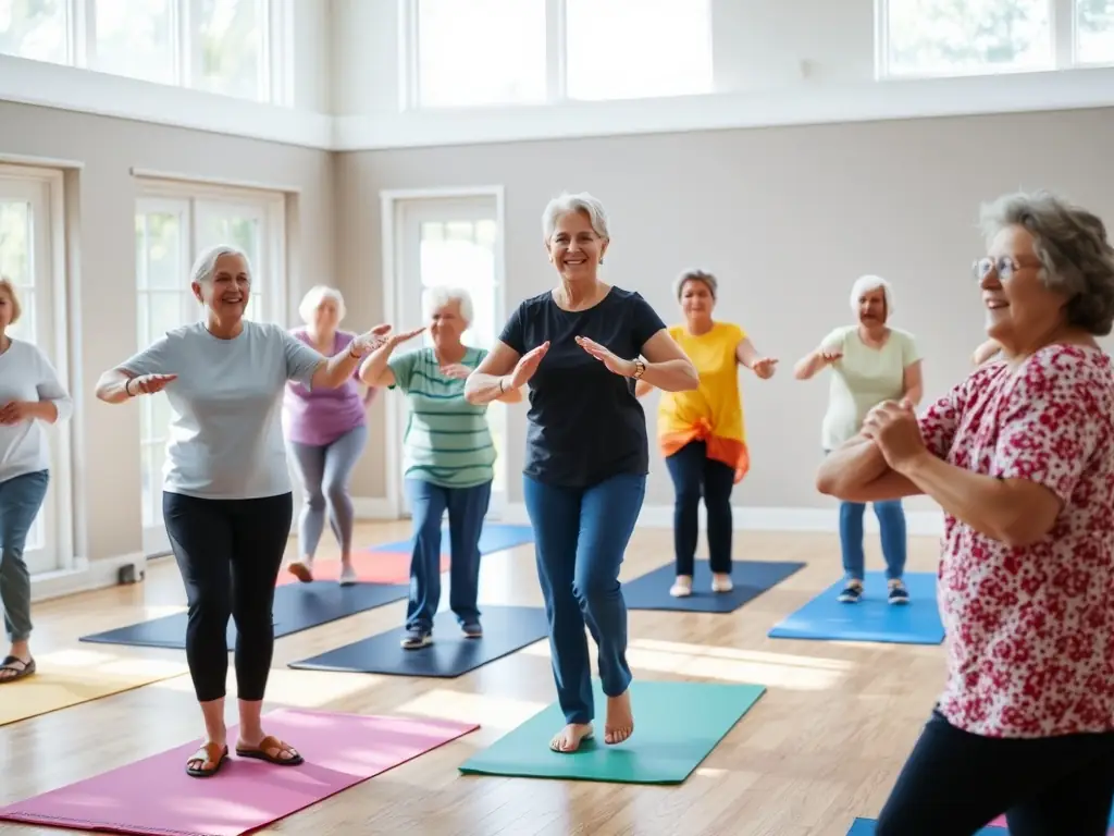 A group of seniors participating in a gentle stretching exercise class at Gymnastic Volontaire, focusing on flexibility and balance, with a qualified instructor guiding them.