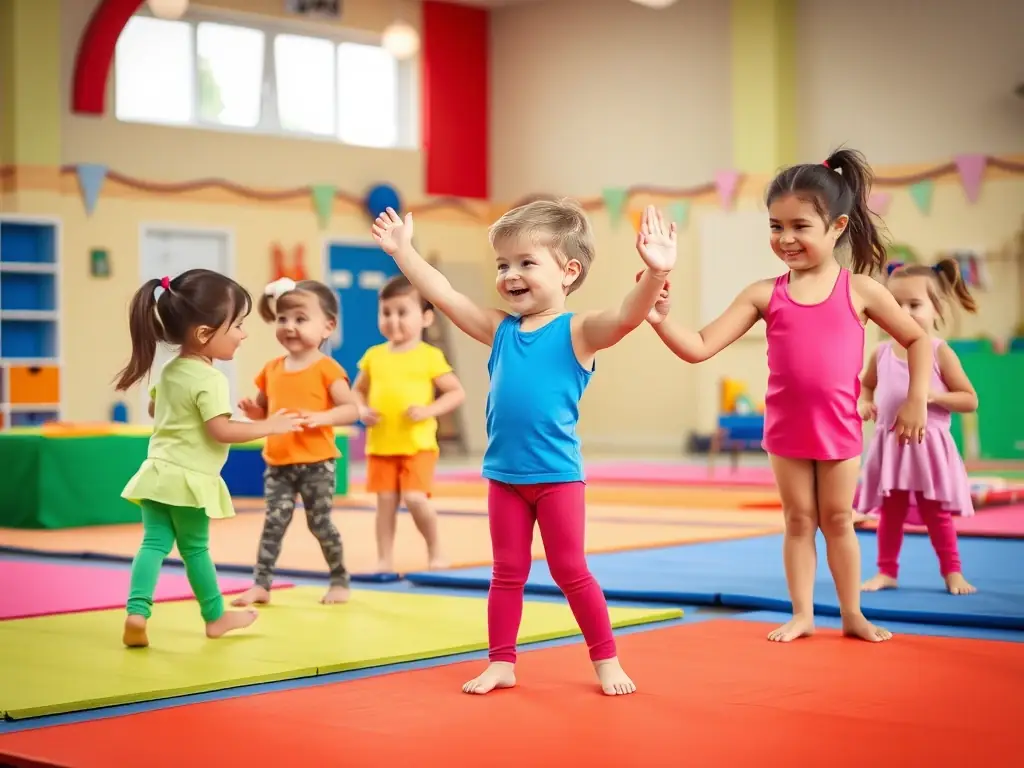 A group of children happily participating in a gymnastics class at Gymnastic Volontaire, focusing on coordination, flexibility, and fun.