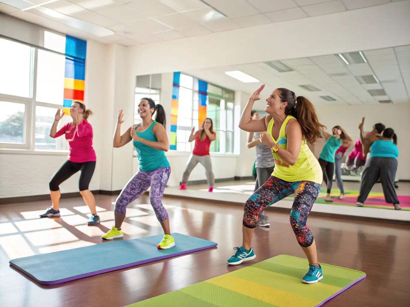 A lively image of young adults participating in a high-energy Zumba class, with colorful workout gear and enthusiastic expressions, set in a modern gym environment.