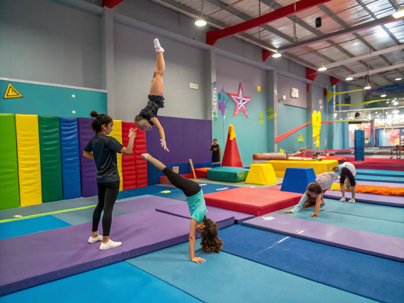 An inspiring image of children participating in a gymnastics class, learning basic movements and having fun, set in a safe and supportive environment.