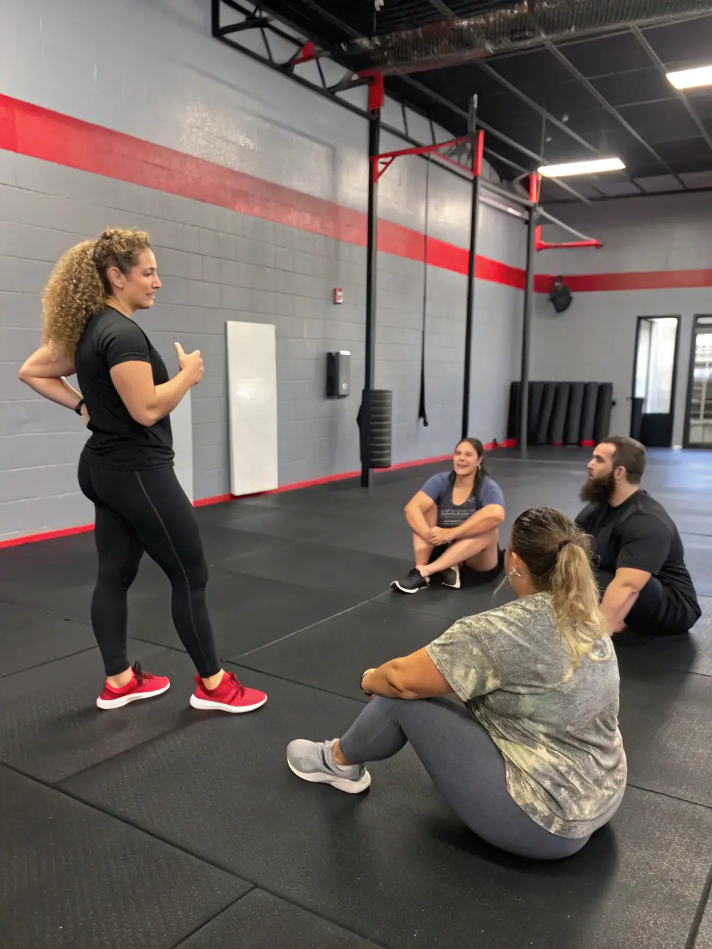 A photo of a qualified GV instructor guiding participants through a stretching exercise, highlighting the professional guidance and safe exercise practices.
