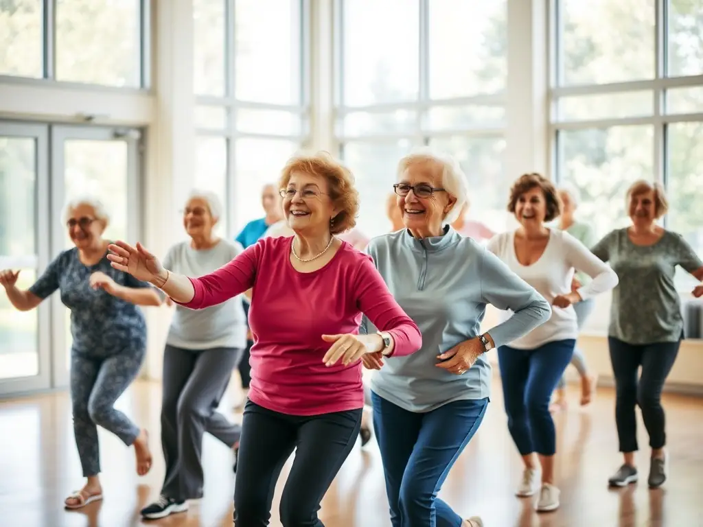 A dynamic image showcasing a group of seniors engaged in a low-impact aerobics class, smiling and enjoying the exercise, set in a bright and welcoming indoor space.