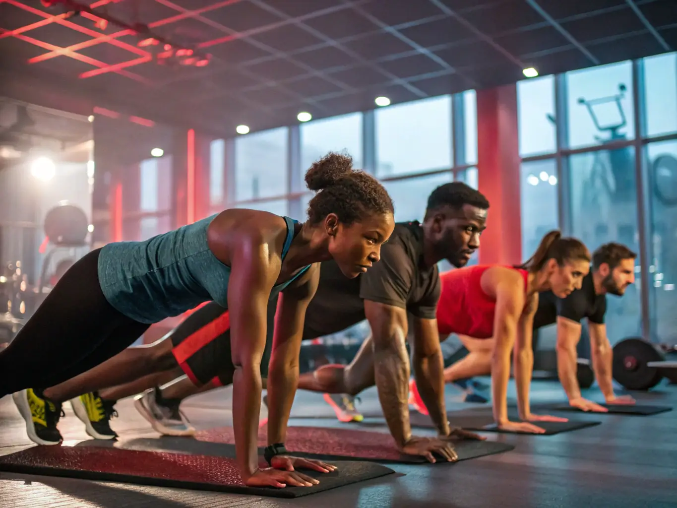 A dynamic image of young adults engaged in a high-intensity interval training (HIIT) session at Gymnastic Volontaire, showcasing their energy and enthusiasm.