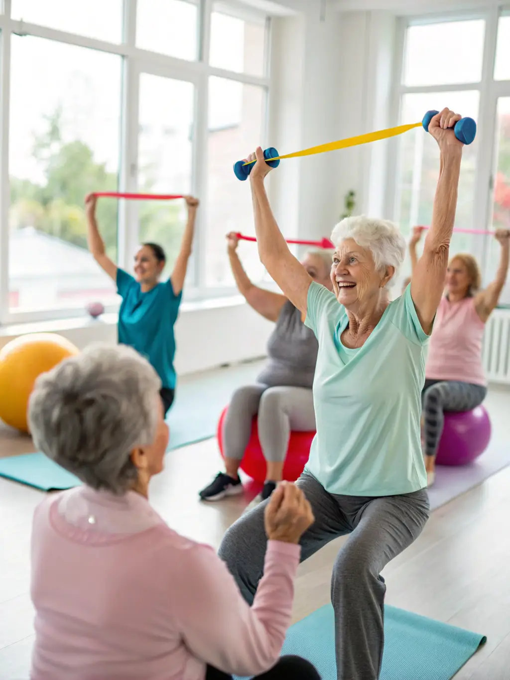 A group of smiling seniors participating in a low-impact aerobics class in a sunny community center, emphasizing the accessibility and inclusivity of GV programs.